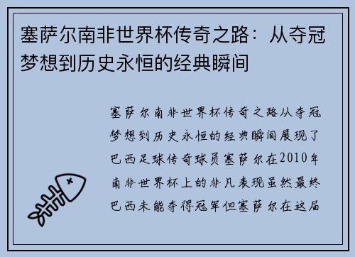 塞萨尔南非世界杯传奇之路：从夺冠梦想到历史永恒的经典瞬间